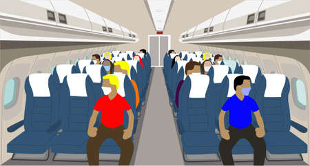 Vector illustration that shows the interior of an airplane with some passengers on board