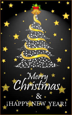 Greeting card for christmas and new year, black background with golden stars, christmas tree made with white circles and bells on top, merry christmas and happy new year on bottomのイラスト素材