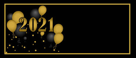 Greeting or invitation card for the end of the year 2020, year 2021 surrounded by black and gold balloons, with a gold frame and black backgroundのイラスト素材