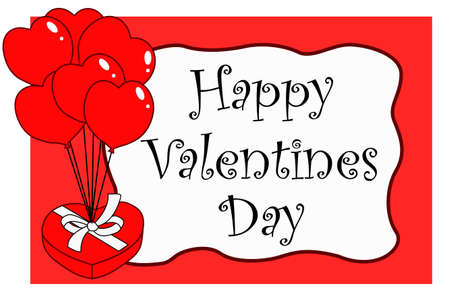 Valentine, greeting card, red background with a white box that has the phrase Happy Valentine's Day and on its left side it has a gift box in the shape of a heart with balloons coming out of itのイラスト素材