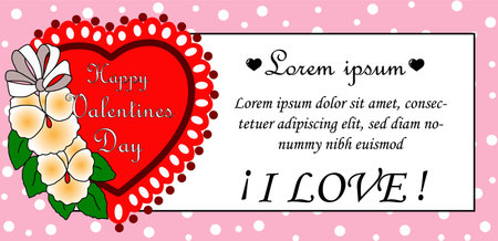 A large red heart decorated with white flowers, text Happy Valentine inside on pinkのイラスト素材