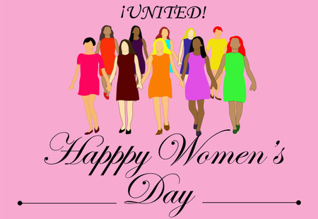 International women's day, pink background, different women, holding hands, united word, at the top, happy women's day text, at the bottomのイラスト素材