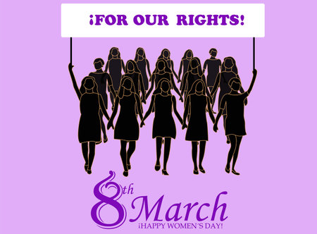 For women's day, silhouettes of different women, carrying out a march for their rights, lilac background, with the text 8th march, happy women's day, at the bottomのイラスト素材