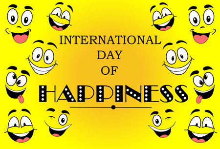 card to celebrate world day of happiness, bibrante yellow background with a gradient touch and happy cartoon faces on both sides, with the text of international day of happiness in the centerのイラスト素材