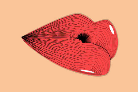 Vector illustration of light red lips, filled with lines for texture, with white light spots and a skin-colored backgroundのイラスト素材