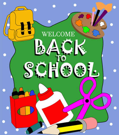 welcome back to school poster, light blue background decorated with white dots, green frame with the text welcome back to school, surrounded by school suppliesのイラスト素材