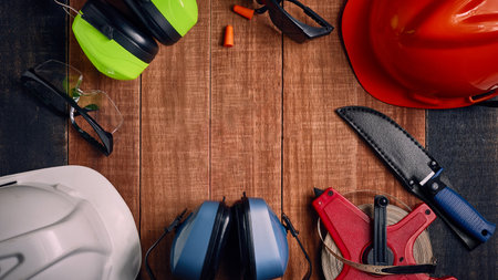 Construction site safety. Protective hard hat, headphones, gloves, glasses and masks on wooden...