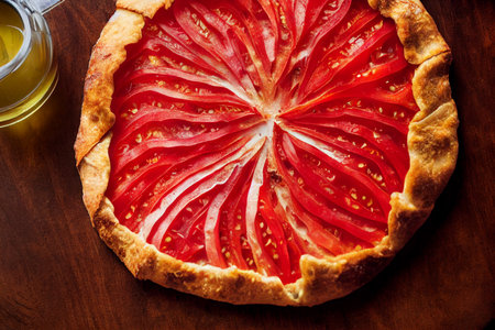 Overhead shot of delicious tomato galette with fresh olive oil 3d illustratedの写真素材
