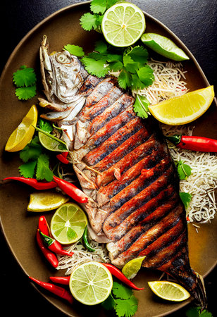 Horizontal shot of delicious thai style grilled whole fish 3d illustrated