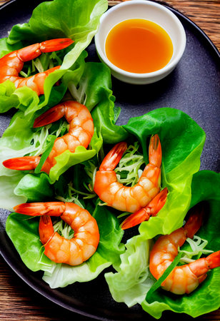 Horizontal shot of delicious thai style mini shrimp lettuce wraps 3d illustratedの写真素材