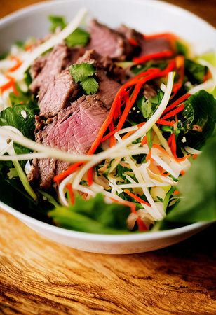 Horizontal shot of delicious thai style beef salad 3d illustrated