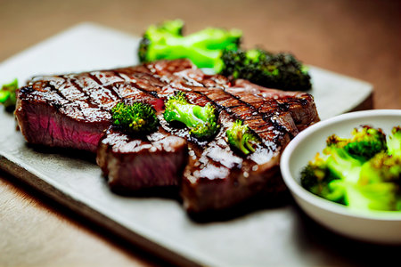 Vertical shot of delicious Mongolian glazed steak with broccoli 3d illustratedの写真素材
