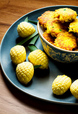 Horizontal shot of delicious thai style corn fritters 3d illustratedの写真素材
