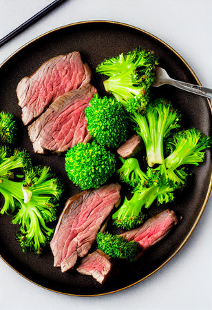 Horizontal shot of delicious Mongolian glazed steak with broccoli 3d illustratedの写真素材