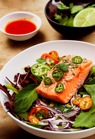 Horizontal shot of delicious thai style salmon 3d illustrated