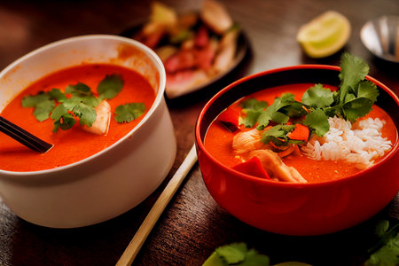 Vertical shot of delicious thai style red curry soup 3d illustratedの写真素材