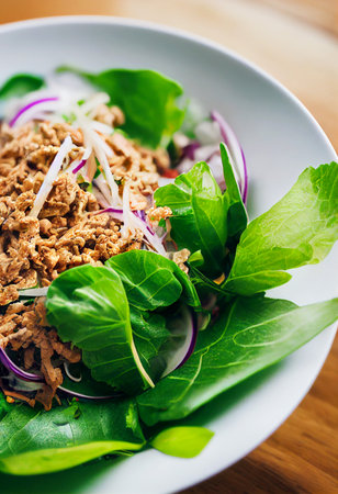 Horizontal shot of delicious thai style pork larb salad 3d illustratedの写真素材