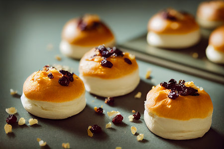 Vertical shot of delicious Quark buns with raisins 3d illustratedの写真素材