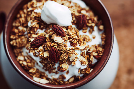 Overhead shot delicious granola with yoghurt 3d illustratedの写真素材