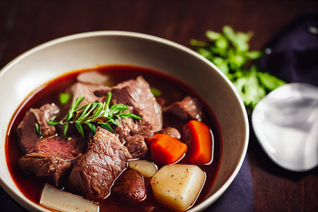 Vertical shot of delicious beef stew in elegant bowl with vegetables 3d illustratedの写真素材