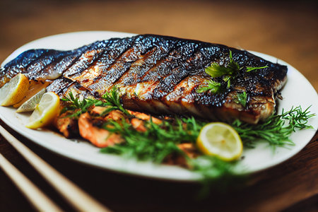 Vertical shot of delicious tasty barbecued with vegetable dressing sea bass 3d illustratedの写真素材