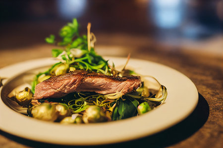 Vertical shot of Delicious tasty duck served with fried sprouts 3d illustratedの写真素材