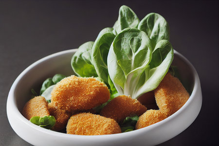 Vertical shot of Delicious Chicken nugget with fresh vegetables and sauce 3d illustratedの写真素材