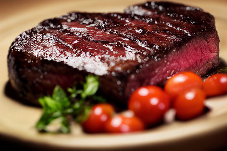 Close up shot of delicious tasty Angus prime beef with tomatoes 3d illustratedの写真素材