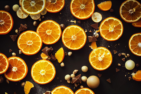 Overhead shot of Delicious fresh orange zest with chocolate 3d illustratedの写真素材