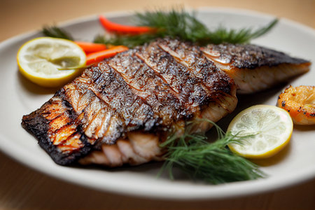 Vertical shot of delicious tasty barbecued with vegetable dressing sea bass 3d illustratedの写真素材