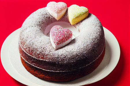 Vertical shot of Delicious tasty Bundt cake with white glaze and hearth shaped cookies 3d illustratedの写真素材