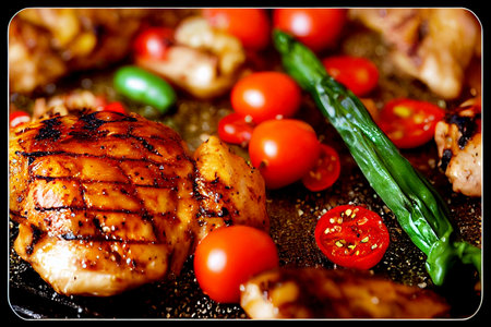 Vertical shot of tasty delicious grilled chicken with tomatoes 3d illustratedの写真素材