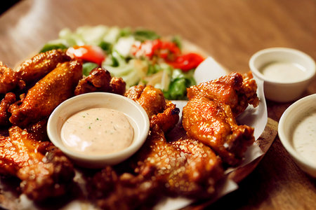 Vertical shot of delicious sriracha butter wing with sauces 3d illustratedの写真素材