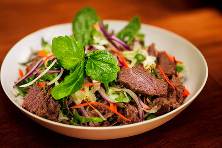 Vertical shot of Thai style delicious beef salad 3d illustratedの写真素材