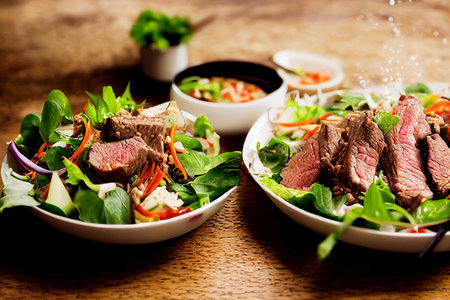 Vertical shot of Delicious Thai style waterfall beef salad 3d illustratedの写真素材