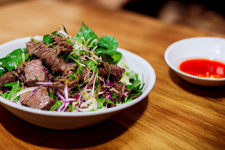 Vertical shot of Delicious Thai style waterfall beef salad 3d illustratedの写真素材