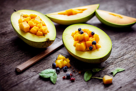 Vertical shot of freshly cut ripe mango 3d illustrated