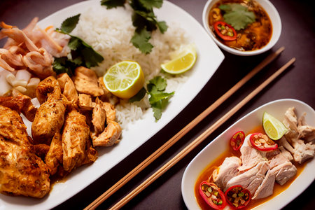 Vertical shot of Thai chicken platter with delicious sauces 3d illustratedの写真素材