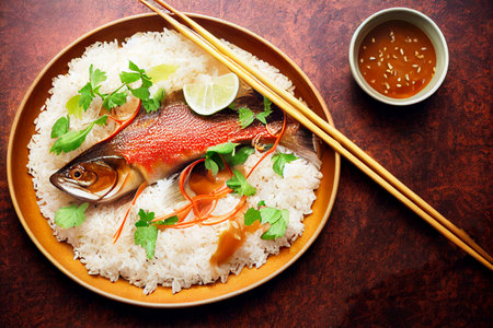 Vertical shot of delicious tasty  trout with rice 3d illustratedの写真素材
