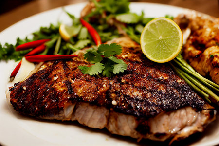 Vertical shot of delicious Thai style grilled whole fish 3d illustratedの写真素材