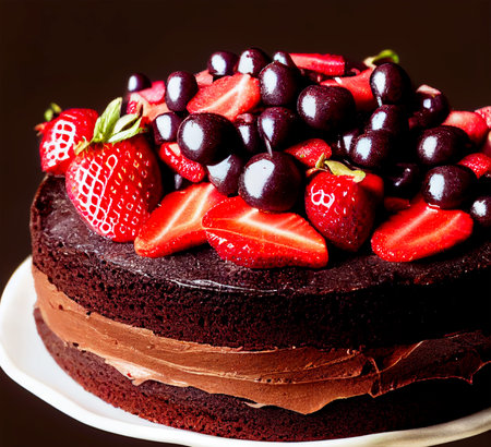 Delicious Chocolate cake with strawberries, cherries 3d illustratedの写真素材