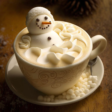 Cute snowman with delicious latte 3d illustratedの写真素材