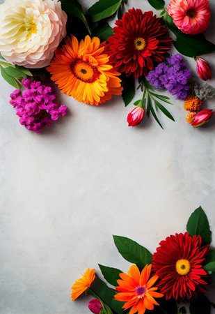 Cute flowers with grey background, Colorful flowers with copy space, Seasonal flowersの写真素材