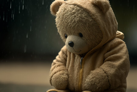 Cute bear wears hoodie, Sad alone bear, Beautiful toy bear gift for valentines day, 14 februaryの写真素材