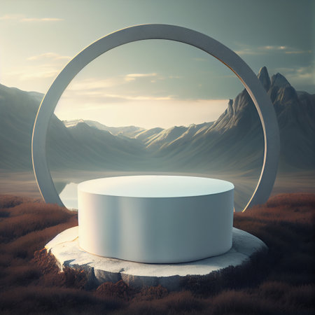 Perfect platform for product advertisement, White brandless platform with beautiful background, futuristic stand for productsの写真素材