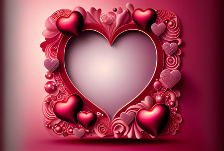 Red heart shaped mirror with gradient background, Beautiful gift for valentines day, 14 February preparationの写真素材
