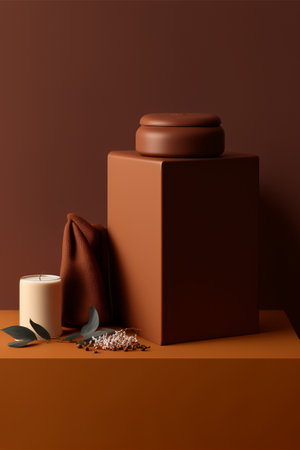 Podium for product advertisement , restaurant menus or new makeup product ads with beautiful minimalist objects for immersionの写真素材