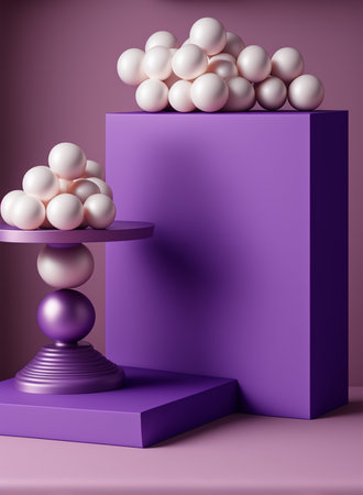 Podium for product advertisement , restaurant menus or new makeup product ads with beautiful minimalist objects for immersionの写真素材