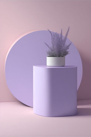 Podium for product advertisement , restaurant menus or new makeup product ads with beautiful minimalist objects for immersionの写真素材