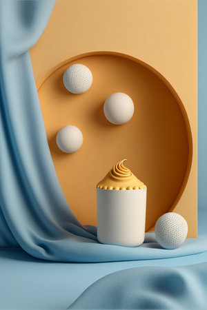 Podium for product advertisement , restaurant menus or new makeup product ads with beautiful minimalist objects for immersionの写真素材